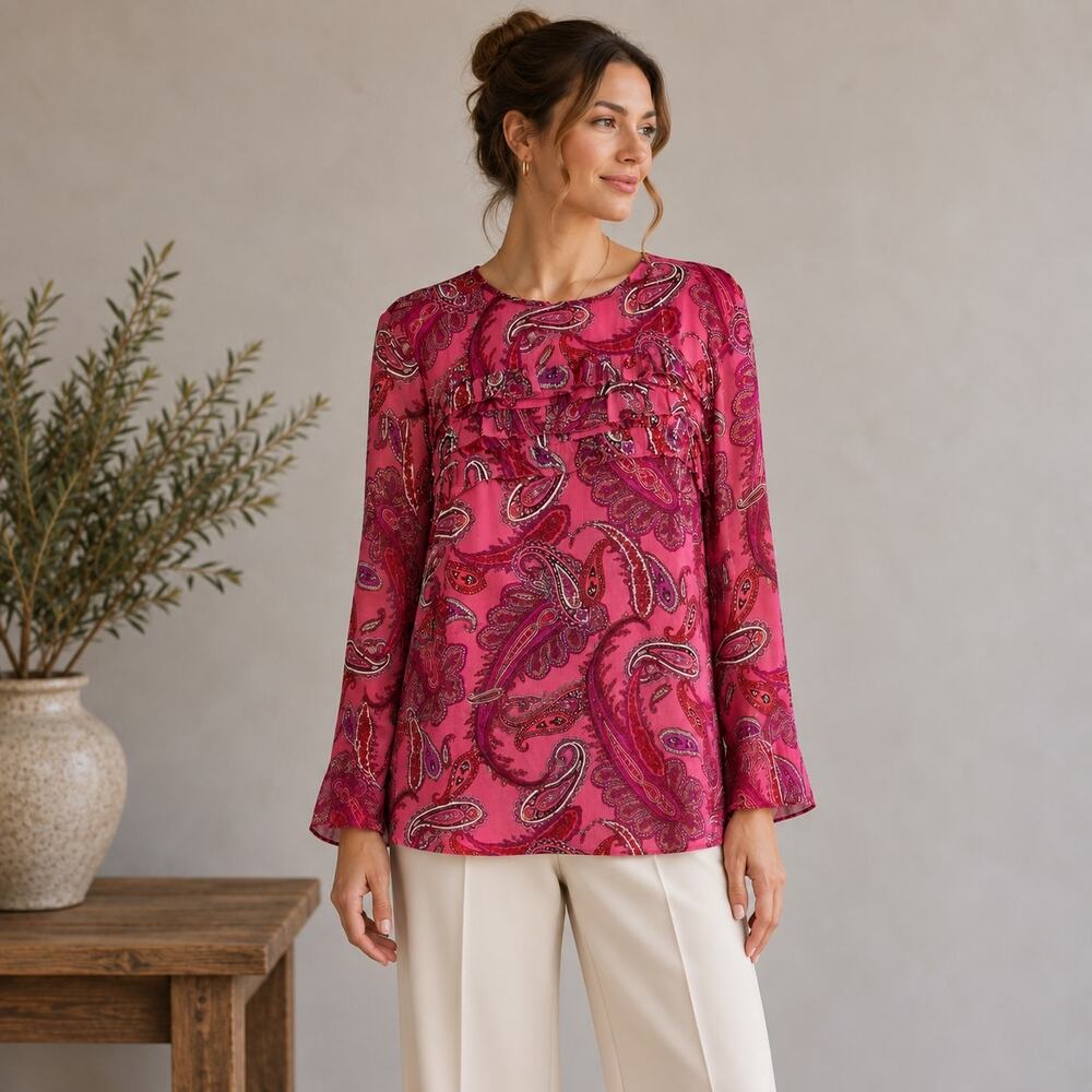 J Crew Pink Paisley Silk Chiffon Long Sleeve Ruffle Top 10
